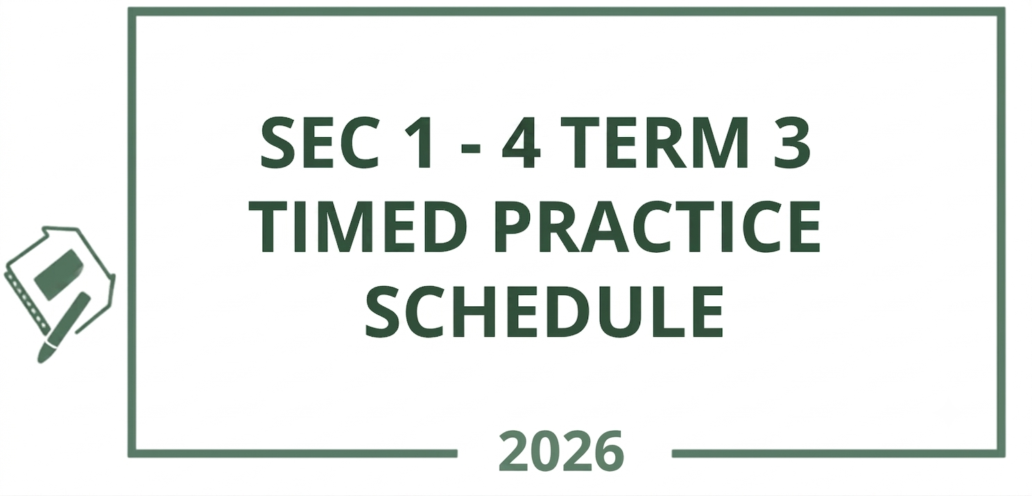 A minimalist vector icon card featuring line art of a wall calendar, a checklist clipboard, and a pencil inside a rounded green frame. Bold dark emerald green text on the right reads SEC 1 - 4 TERM 3 TIMED PRACTICE SCHEDULE 2026.